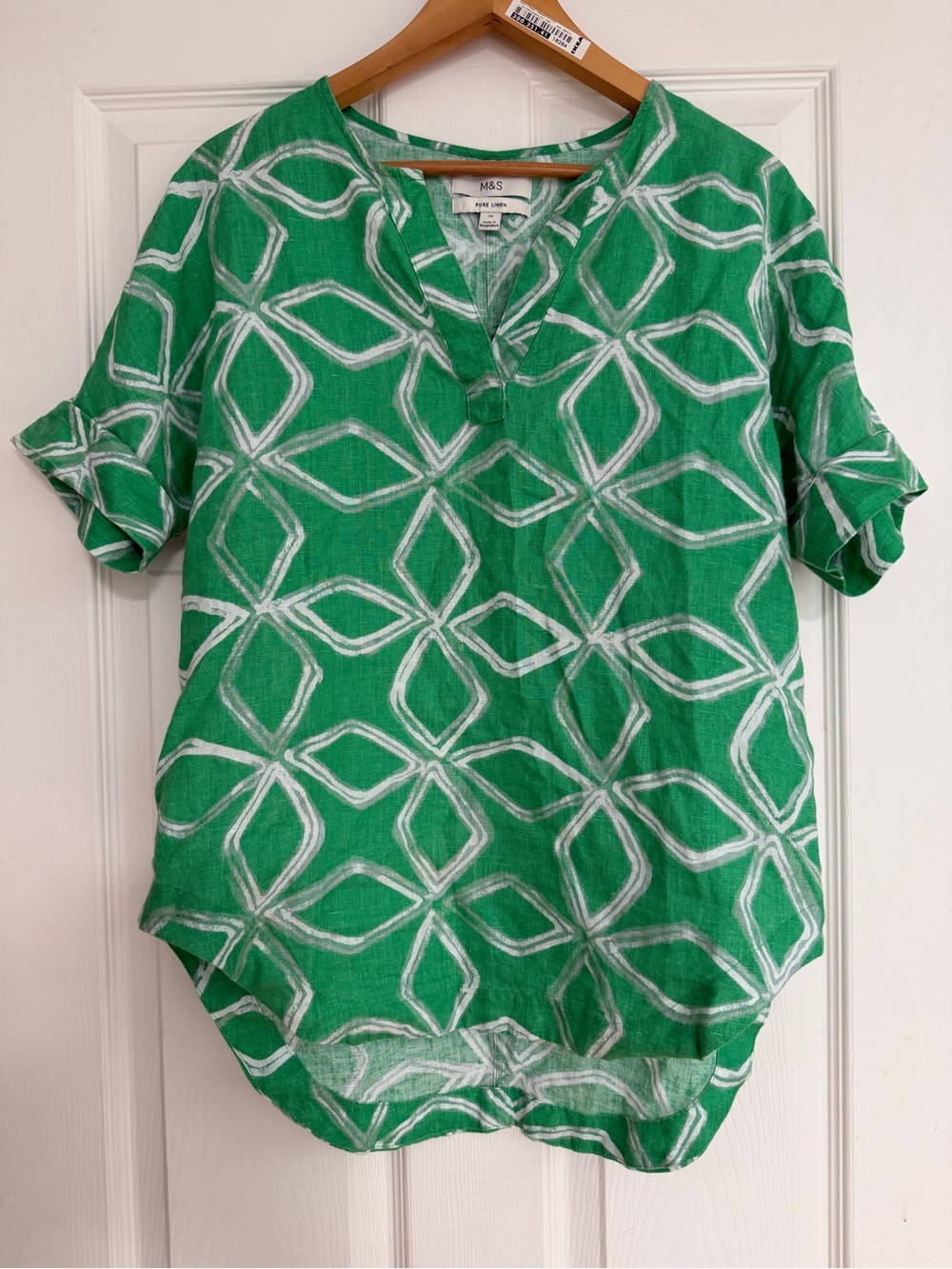 Marks & Spencer Linen Green White Patterned Short Sleeve Pullover V Neck Shirt